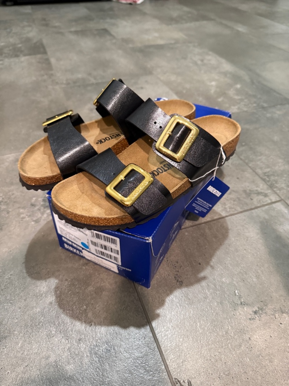 Women's Birkenstock Black Double-Buckle Sandals with Gold Accents